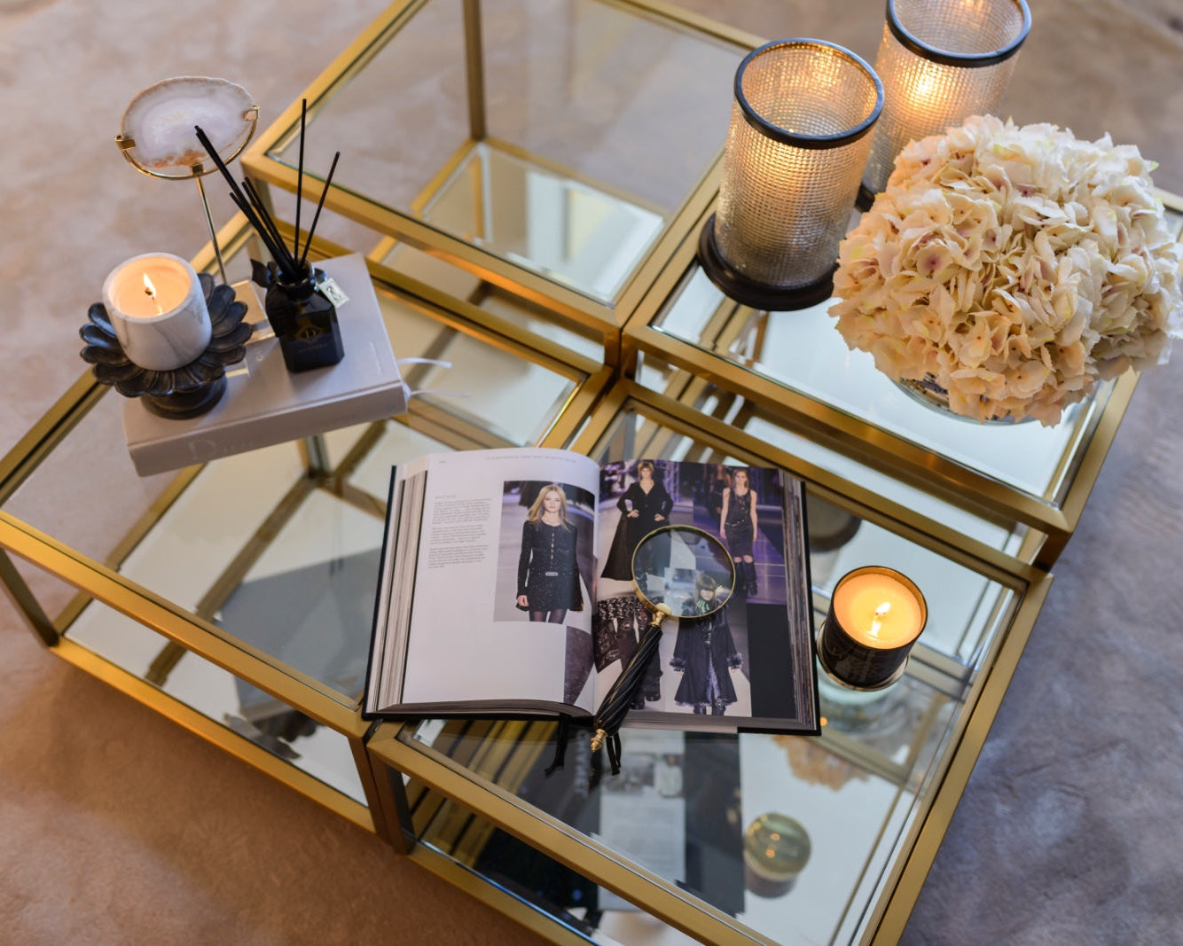 SHAWN Modular coffee table with tempered glass tops and gold metal frame, featuring a multi-level design for versatile and stylish living.