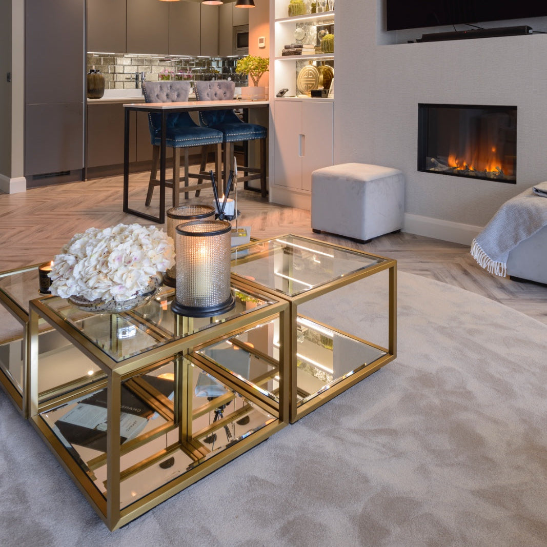 SHAWN Modular coffee table with tempered glass tops and gold metal frame, featuring a multi-level design for versatile and stylish living.