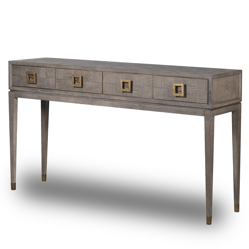 LEONARDO Square Console Table with grey oak finish and gold hardware