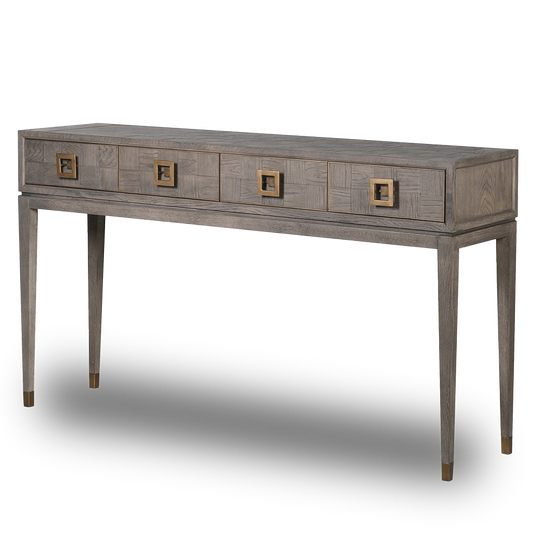 LEONARDO Square Console Table with grey oak finish and gold hardware
