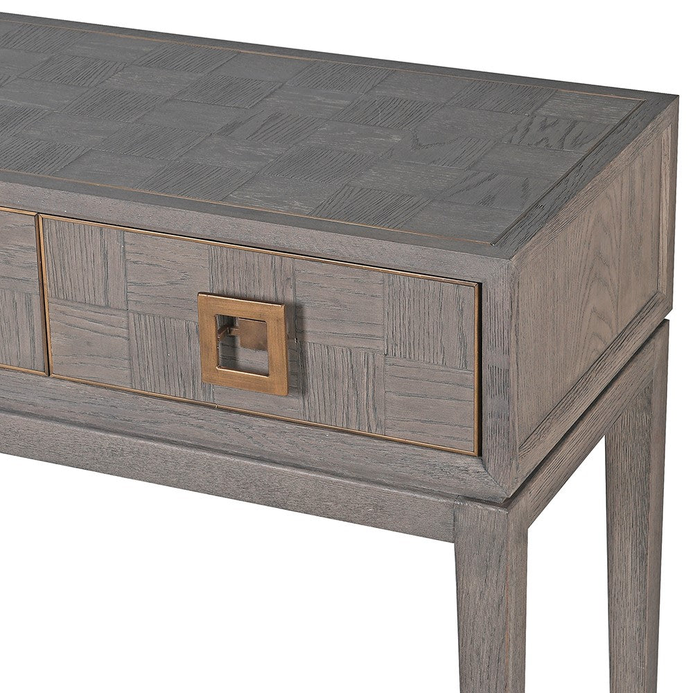 LEONARDO Square Console Table with grey oak finish and gold hardware