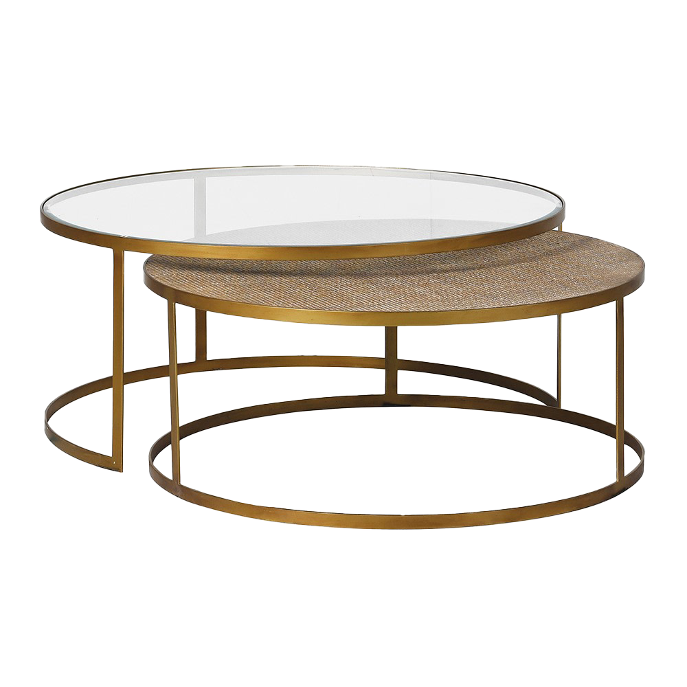 BLAKE 2 Round Coffee Tables Aged Gold and Rattan Round Coffee Tables, nest of two with tempered glass tops and ornate iron frames