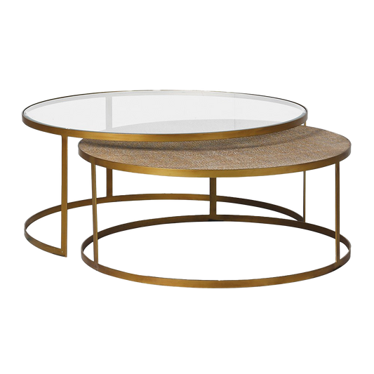 BLAKE 2 Round Coffee Tables Aged Gold and Rattan Round Coffee Tables, nest of two with tempered glass tops and ornate iron frames