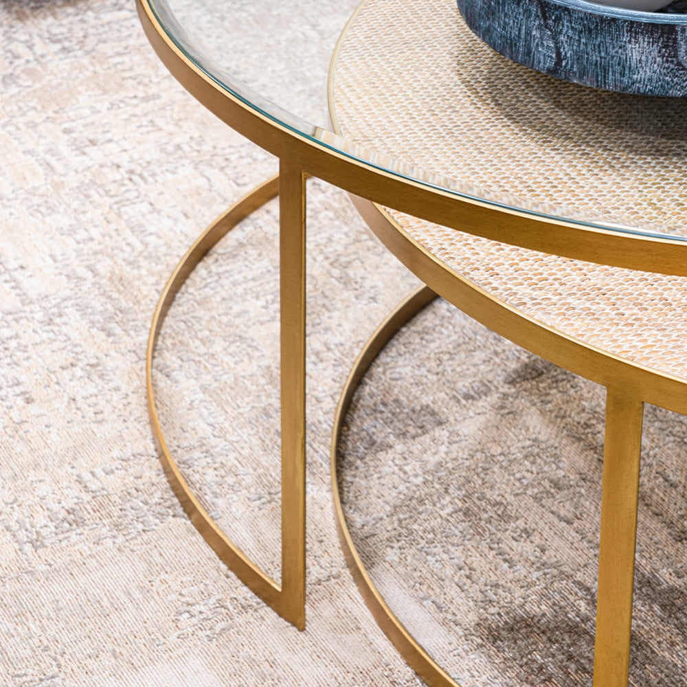 BLAKE 2 Round Coffee Tables Aged Gold and Rattan Round Coffee Tables, nest of two with tempered glass tops and ornate iron frames