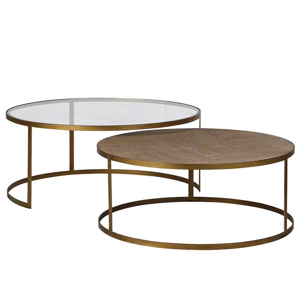 BLAKE 2 Round Coffee Tables Aged Gold and Rattan Round Coffee Tables, nest of two with tempered glass tops and ornate iron frames