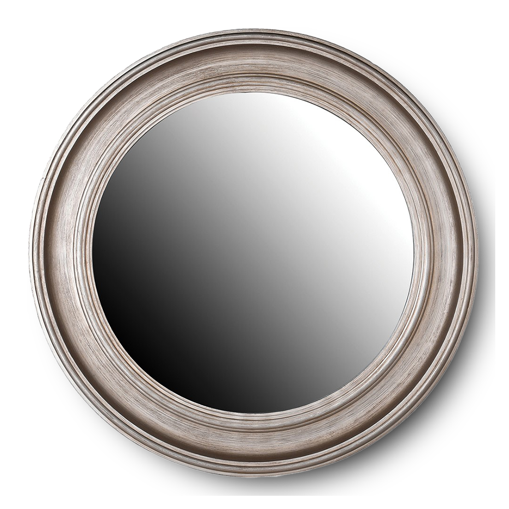 KANYE Distressed silver round mirror with vintage-style frame.