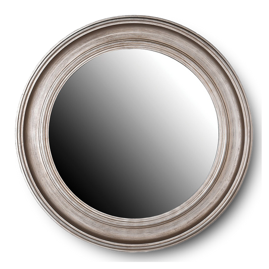 KANYE Distressed silver round mirror with vintage-style frame.