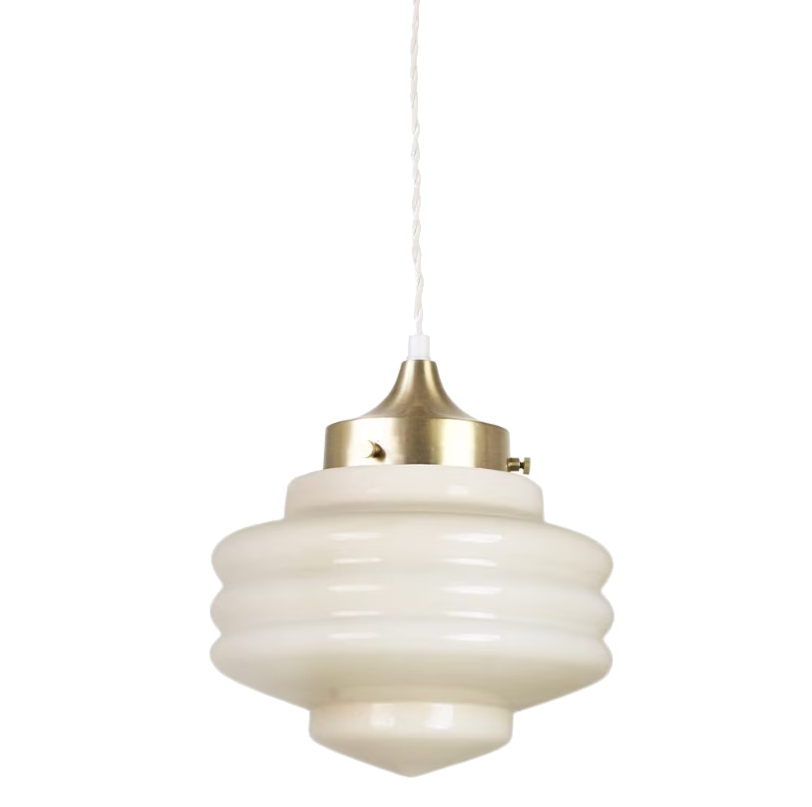 Sculptural opal glass ceiling light with iron fixture and vintage design.