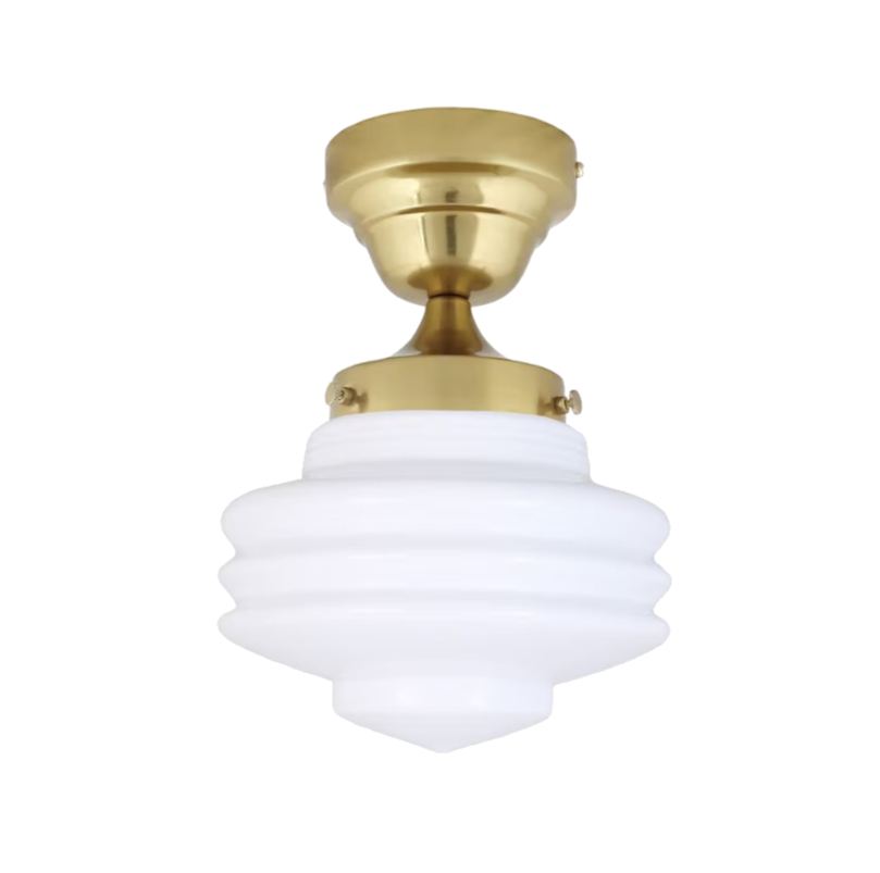 Semi-flush mount ceiling light with white opal glass shade and metal fixture.