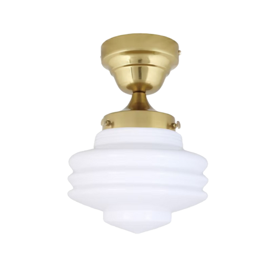 Semi-flush mount ceiling light with white opal glass shade and metal fixture.