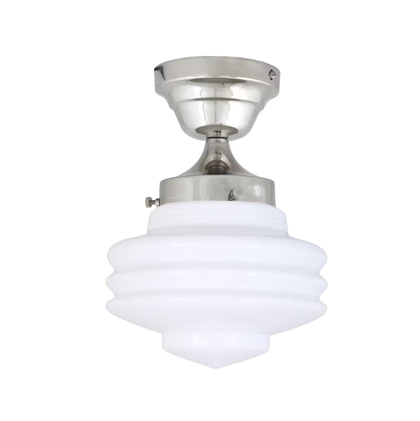 Semi-flush mount ceiling light with white opal glass shade and metal fixture.