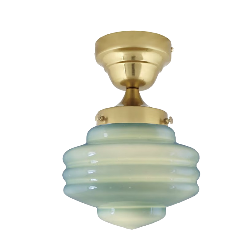 Semi-flush mount ceiling light with sage green opal glass shade and iron fixture.