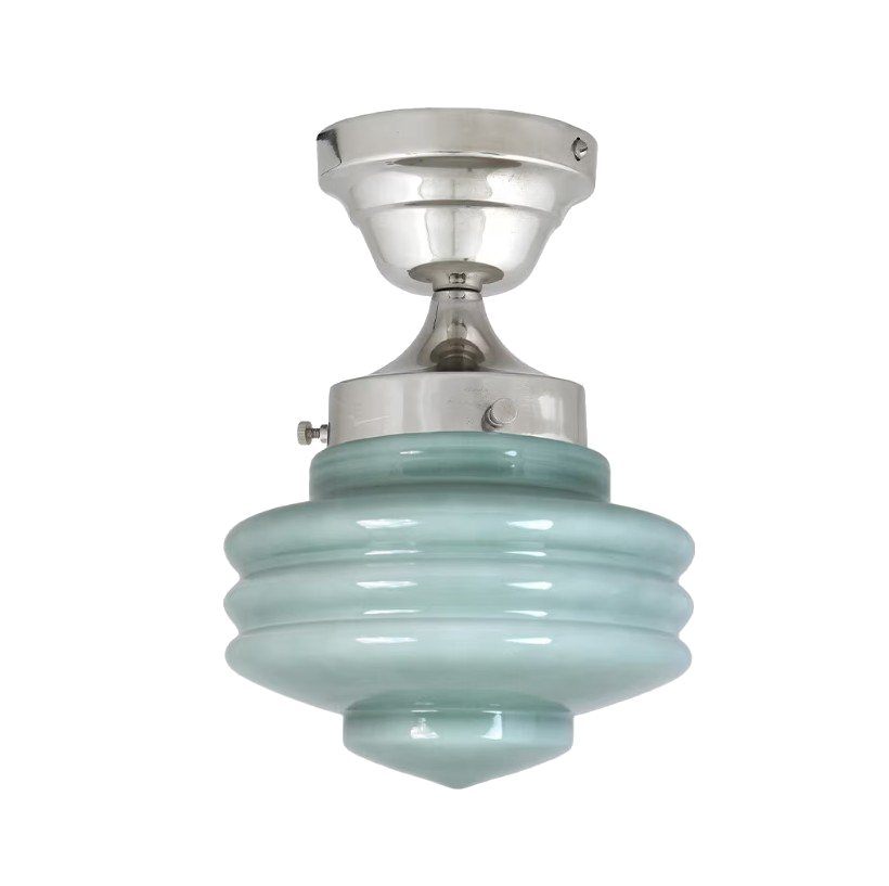 Semi-flush mount ceiling light with sage green opal glass shade and iron fixture.