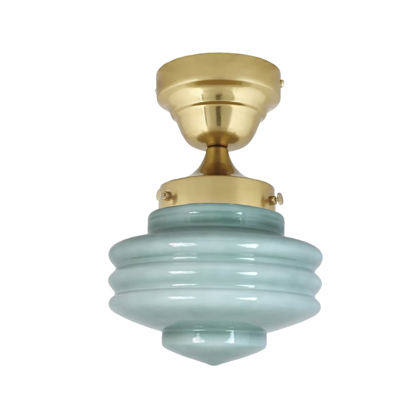 Semi-flush mount ceiling light with sage green opal glass shade and iron fixture.
