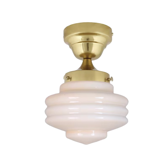 ESTELLE ceiling light featuring pink opal glass shade and iron fitting.