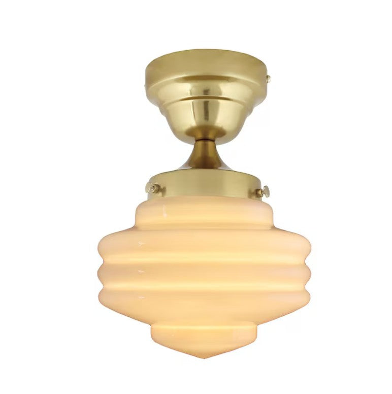 ESTELLE ceiling light featuring pink opal glass shade and iron fitting.