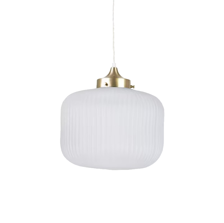 EVA pendant light with ribbed opal glass shade and satin brass-finished iron fixture.