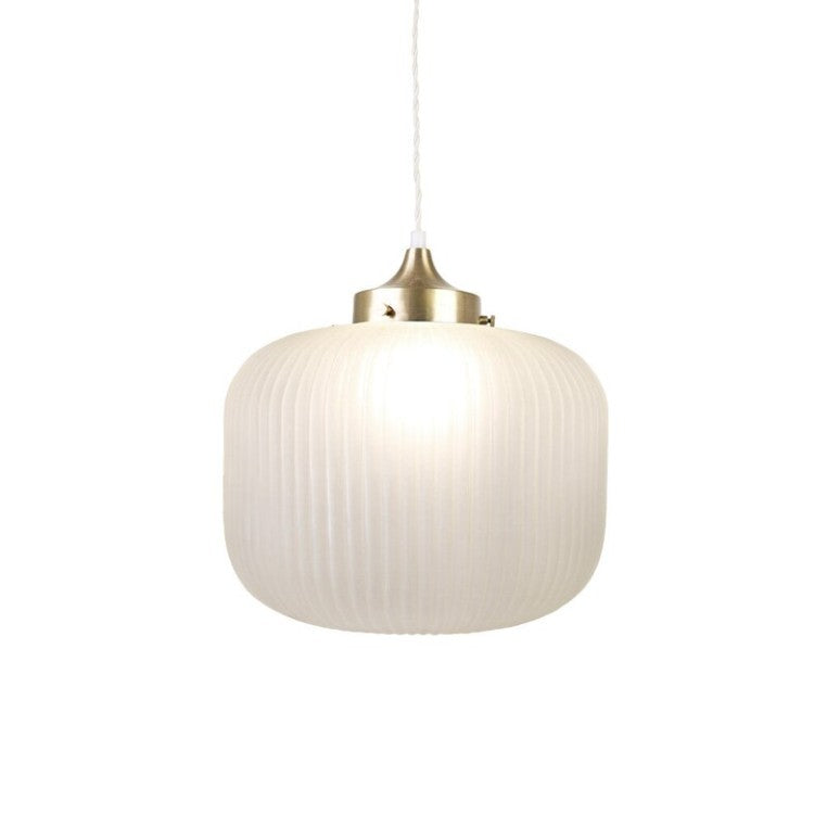EVA pendant light with ribbed opal glass shade and satin brass-finished iron fixture.