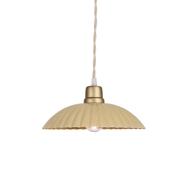 MARTA pendant light with fluted metal shade and satin brass-finished fitting, suspended by twisted fabric flex.