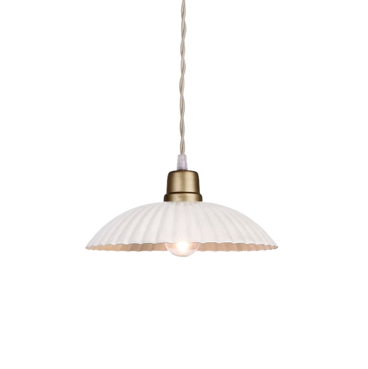 MARTA pendant light with fluted metal shade and satin brass-finished fitting, suspended by twisted fabric flex.