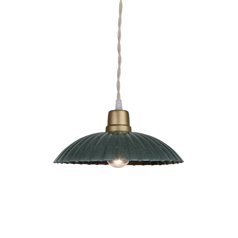 MARTA pendant light with fluted metal shade and satin brass-finished fitting, suspended by twisted fabric flex.