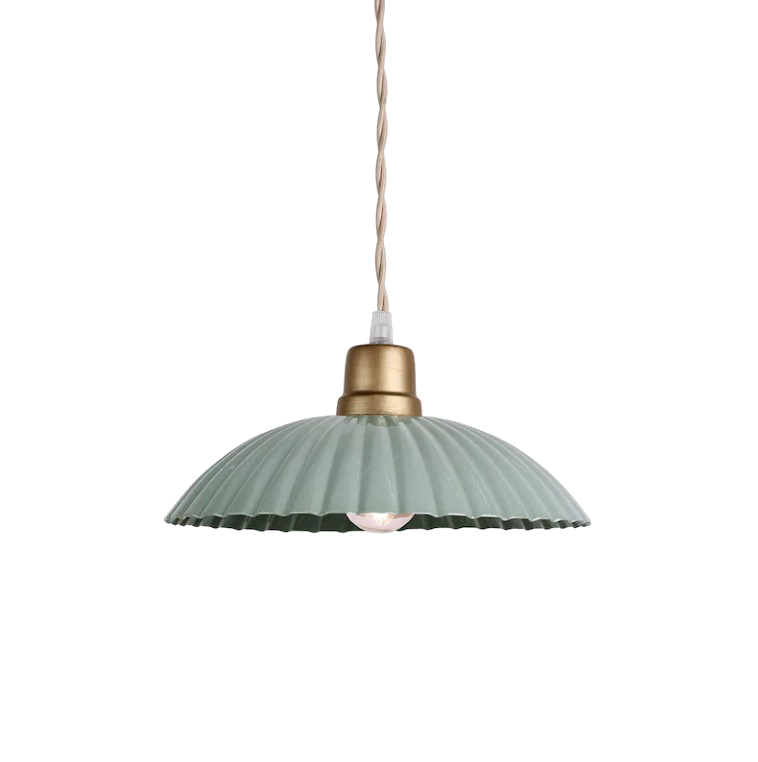 MARTA pendant light with fluted metal shade and satin brass-finished fitting, suspended by twisted fabric flex.