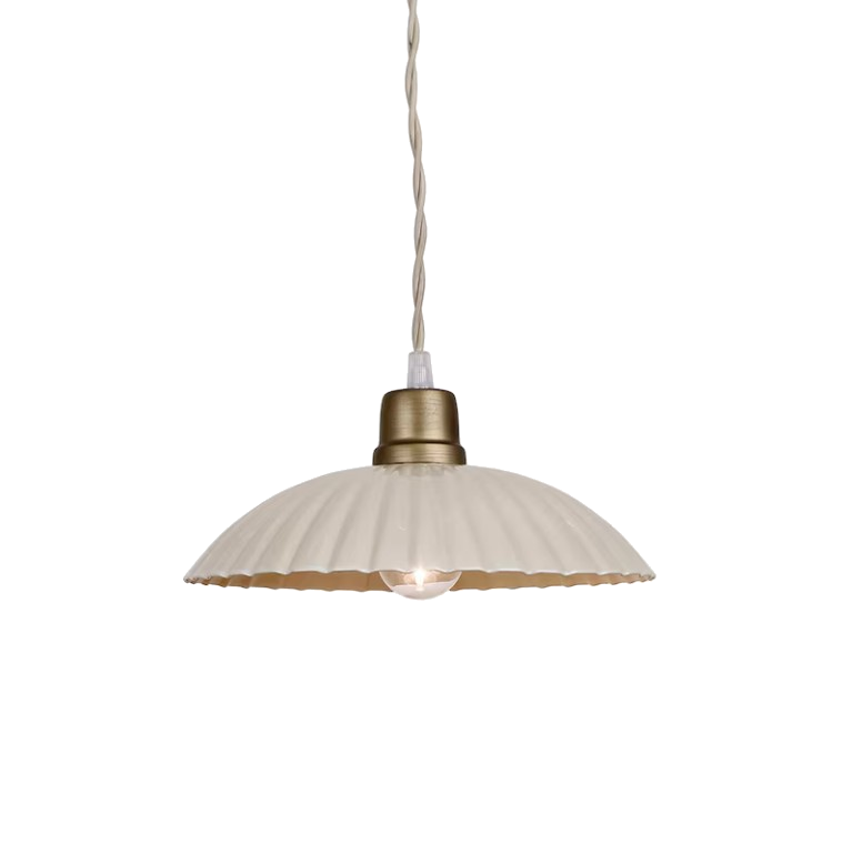 MARTA pendant light with fluted metal shade and satin brass-finished fitting, suspended by twisted fabric flex.