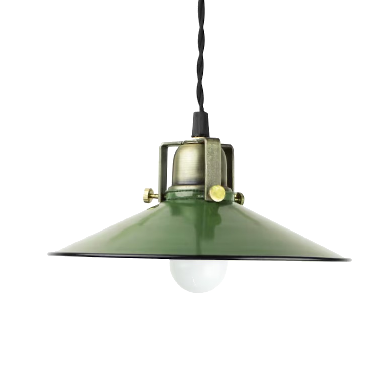 TIM pendant light with metal shade and vintage-style brass hardware, available in white, green, or black finishes.
