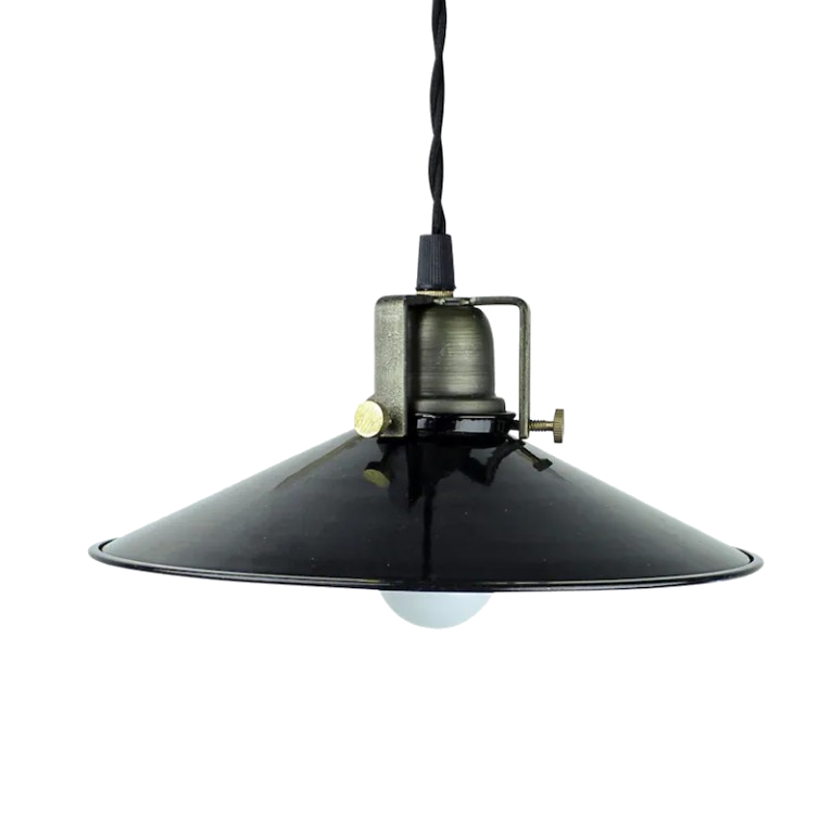 TIM pendant light with metal shade and vintage-style brass hardware, available in white, green, or black finishes.