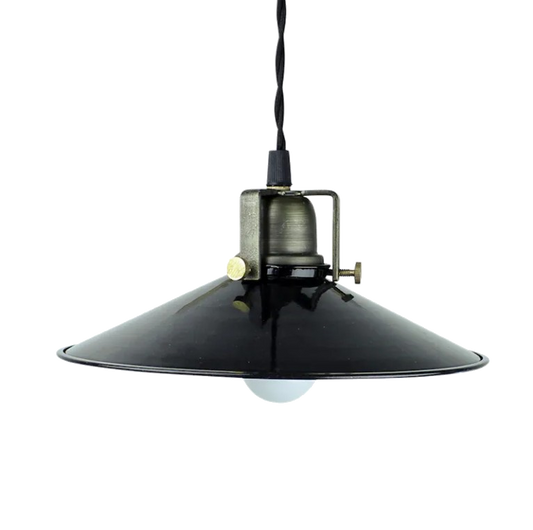 TIM pendant light with metal shade and vintage-style brass hardware, available in white, green, or black finishes.