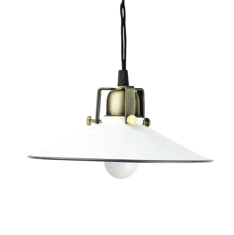 TIM pendant light with metal shade and vintage-style brass hardware, available in white, green, or black finishes.