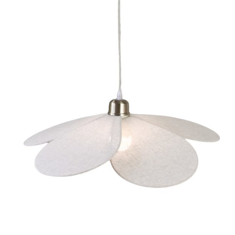 ISOBEL pendant light with petal-shaped cotton fabric shade and iron frame, perfect for soft and playful interiors.