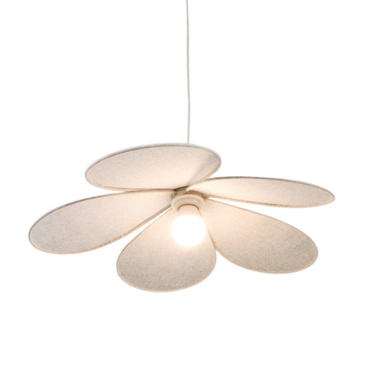 ISOBEL pendant light with petal-shaped cotton fabric shade and iron frame, perfect for soft and playful interiors.