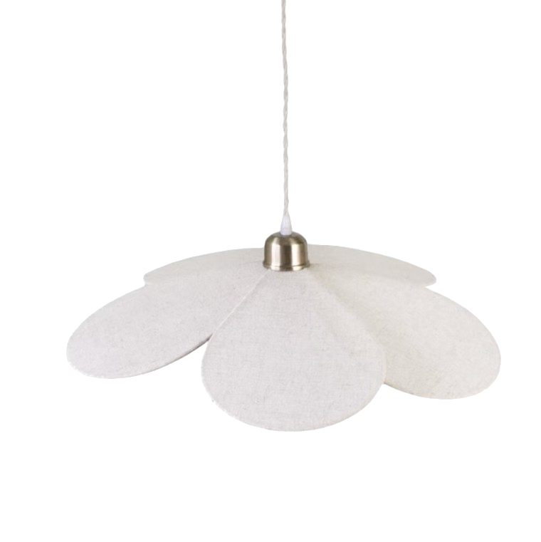 ISOBEL pendant light with petal-shaped cotton fabric shade and iron frame, perfect for soft and playful interiors.