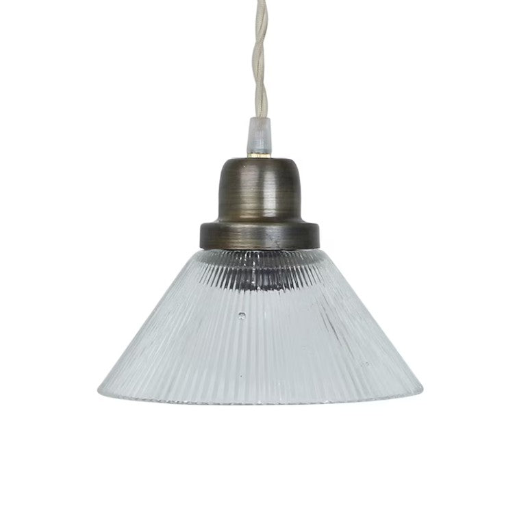 LORNA pendant light with ribbed glass shade and antique-style iron fixture, featuring a twisted fabric cable.