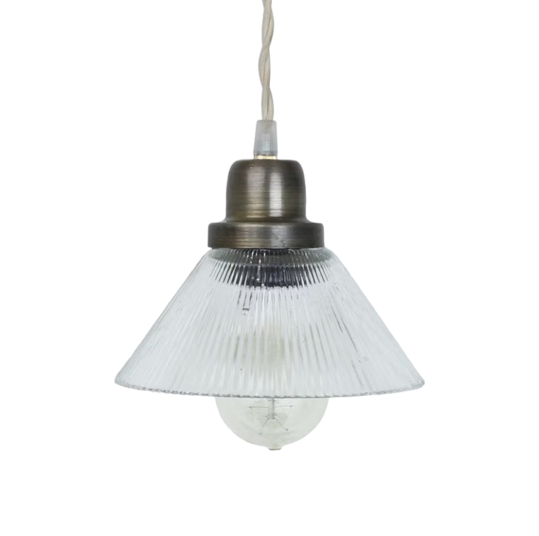 LORNA pendant light with ribbed glass shade and antique-style iron fixture, featuring a twisted fabric cable.