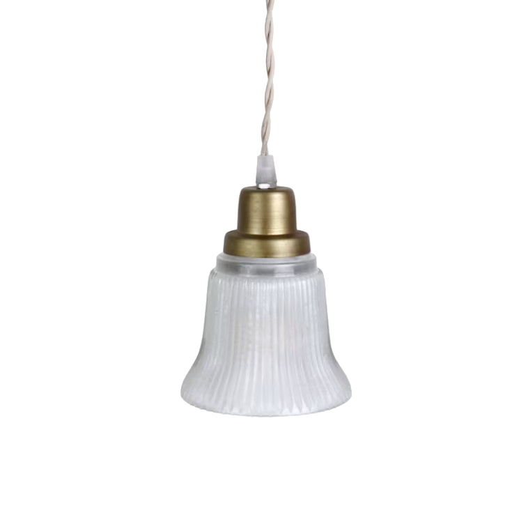 SANDRA pendant light with fluted glass bell-shaped shade, warm iron fittings, and twisted fabric flex.