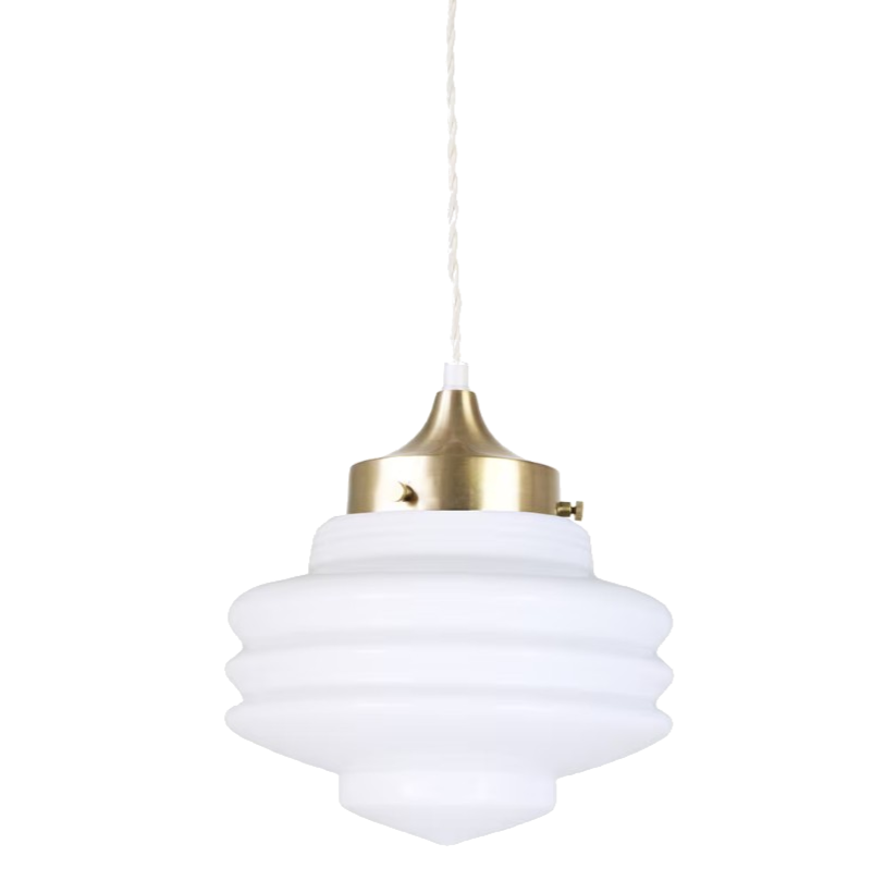 Sculptural opal glass ceiling light with iron fixture and vintage design.