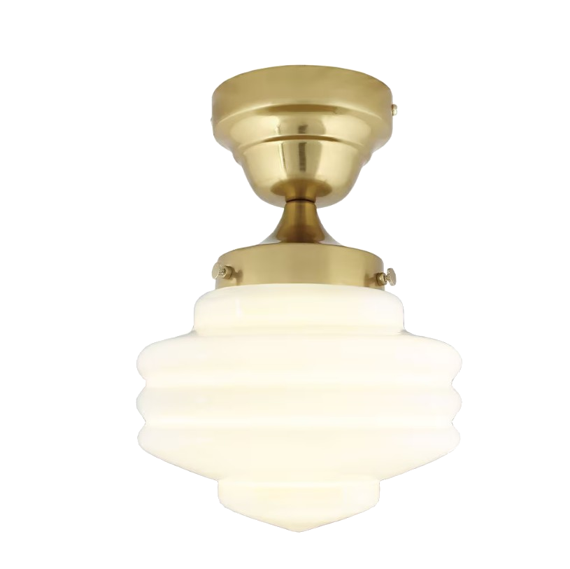 Semi-flush mount ceiling light with white opal glass shade and brass-toned iron fixture.
