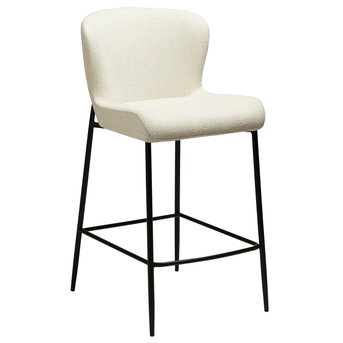 TAYLOR Counter Stool in simply beige bouclé fabric with elegant black metal legs, perfect for stylish interiors