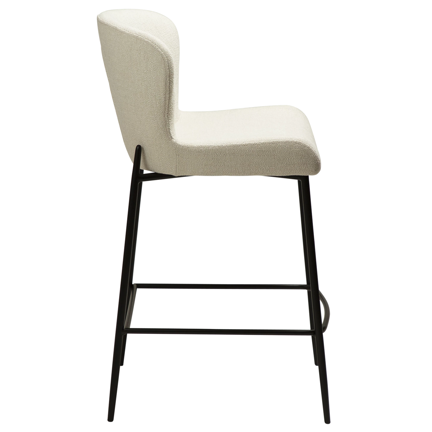 TAYLOR Counter Stool in simply beige bouclé fabric with elegant black metal legs, perfect for stylish interiors