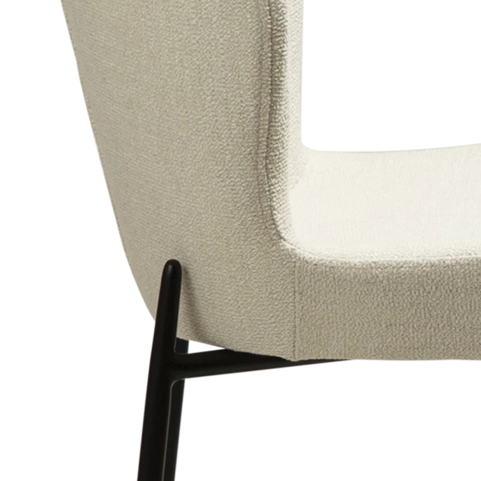 TAYLOR Counter Stool in simply beige bouclé fabric with elegant black metal legs, perfect for stylish interiors