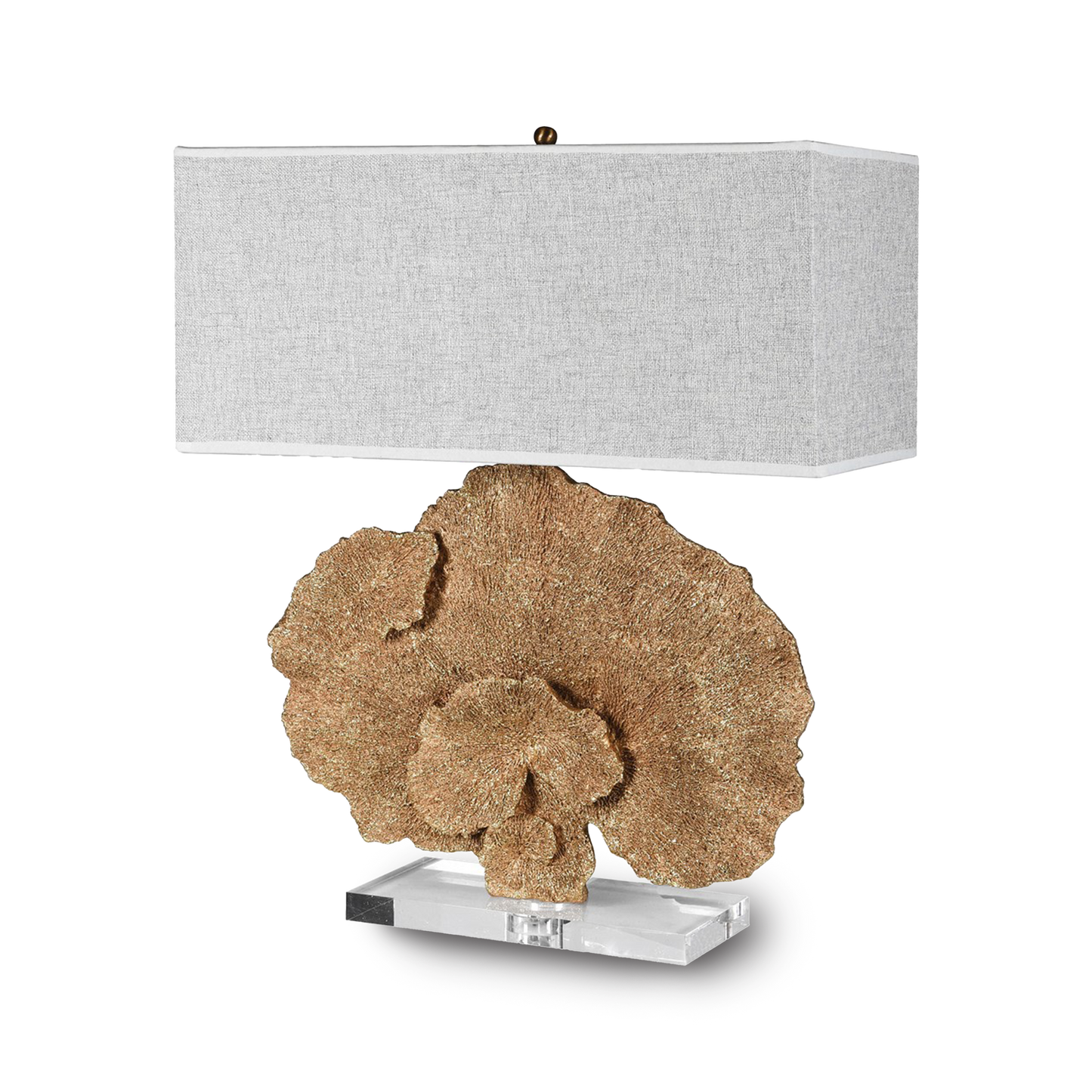 BILL Gold Coral Table Lamp with soft grey textured linen shade on acrylic base, modern coastal design.