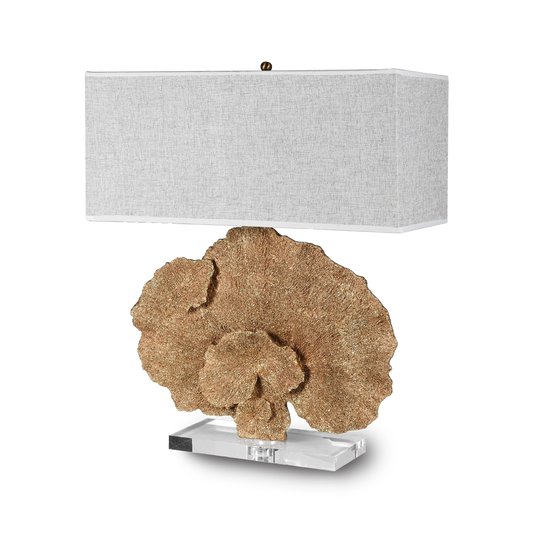 BILL Gold Coral Table Lamp with soft grey textured linen shade on acrylic base, modern coastal design.