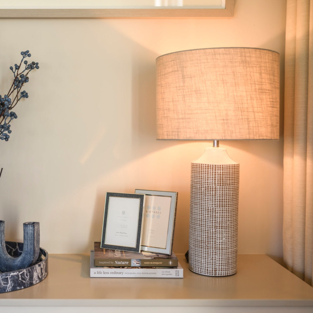 TOM Grid patterned ceramic table lamp with soft grey linen shade for modern interiors.