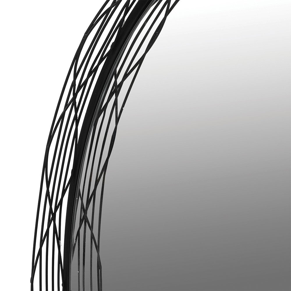 RIHANE Black round wall mirror with minimalist wireframe design.
