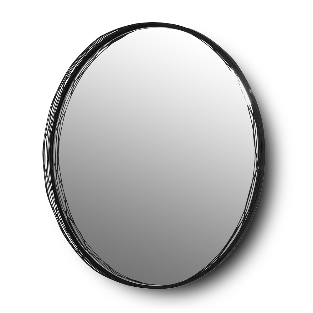 RIHANE Black round wall mirror with minimalist wireframe design.