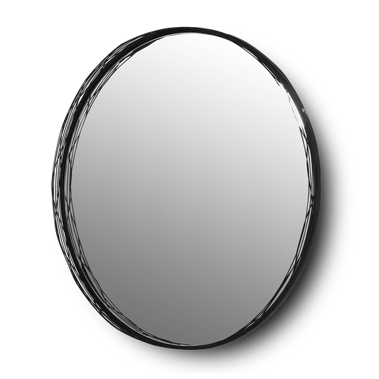 RIHANE Black round wall mirror with minimalist wireframe design.