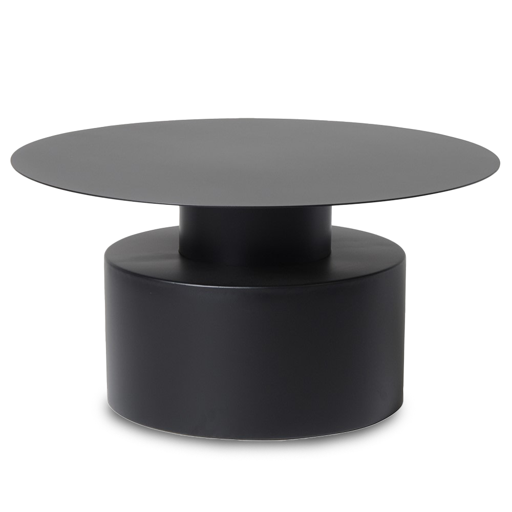 Minimalist black large metal drum table with a matte finish, featuring a geometric design ideal for contemporary living spaces.