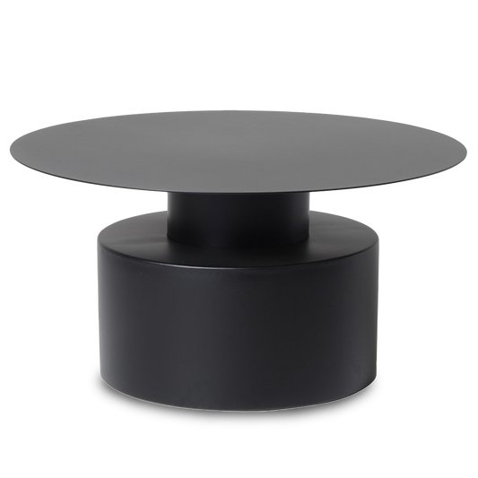 Minimalist black large metal drum table with a matte finish, featuring a geometric design ideal for contemporary living spaces.